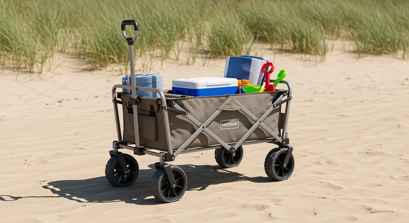 Opvouwbare bolderkar op strand, klaar voor avontuur. Met strandlaken, koelbox en zandspeelgoed.