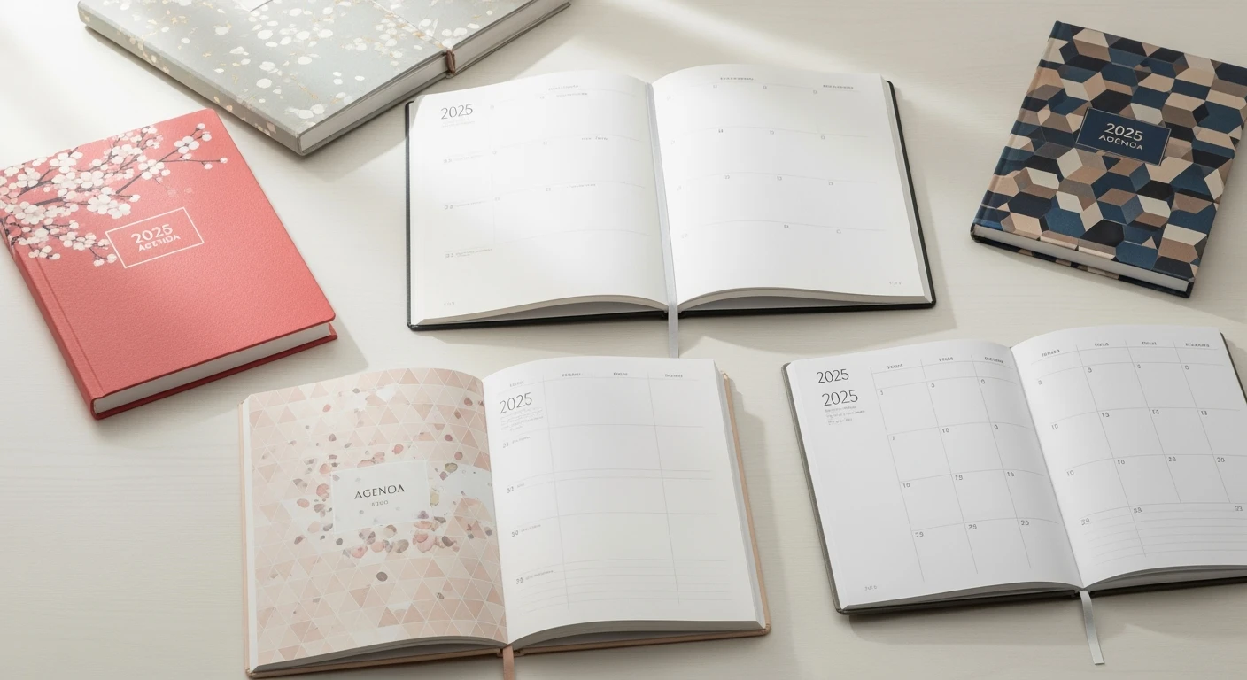 Beste agenda 2025 selectie op een houten bureau. Verschillende stijlen en kleuren, opengeklapt.