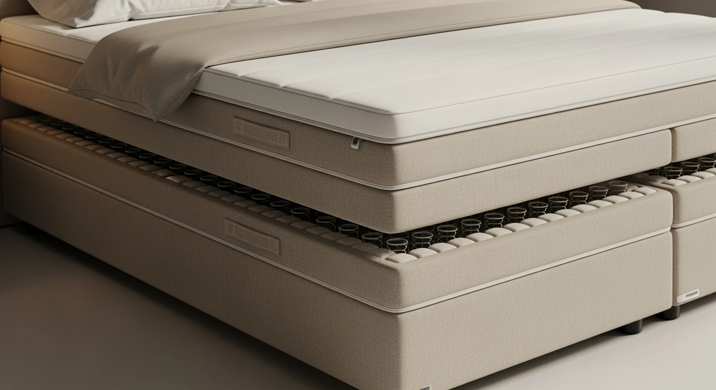 Luxe beige boxspring: comfortabel bed twijfelaar met zachte topper en zichtbare pocketvering.