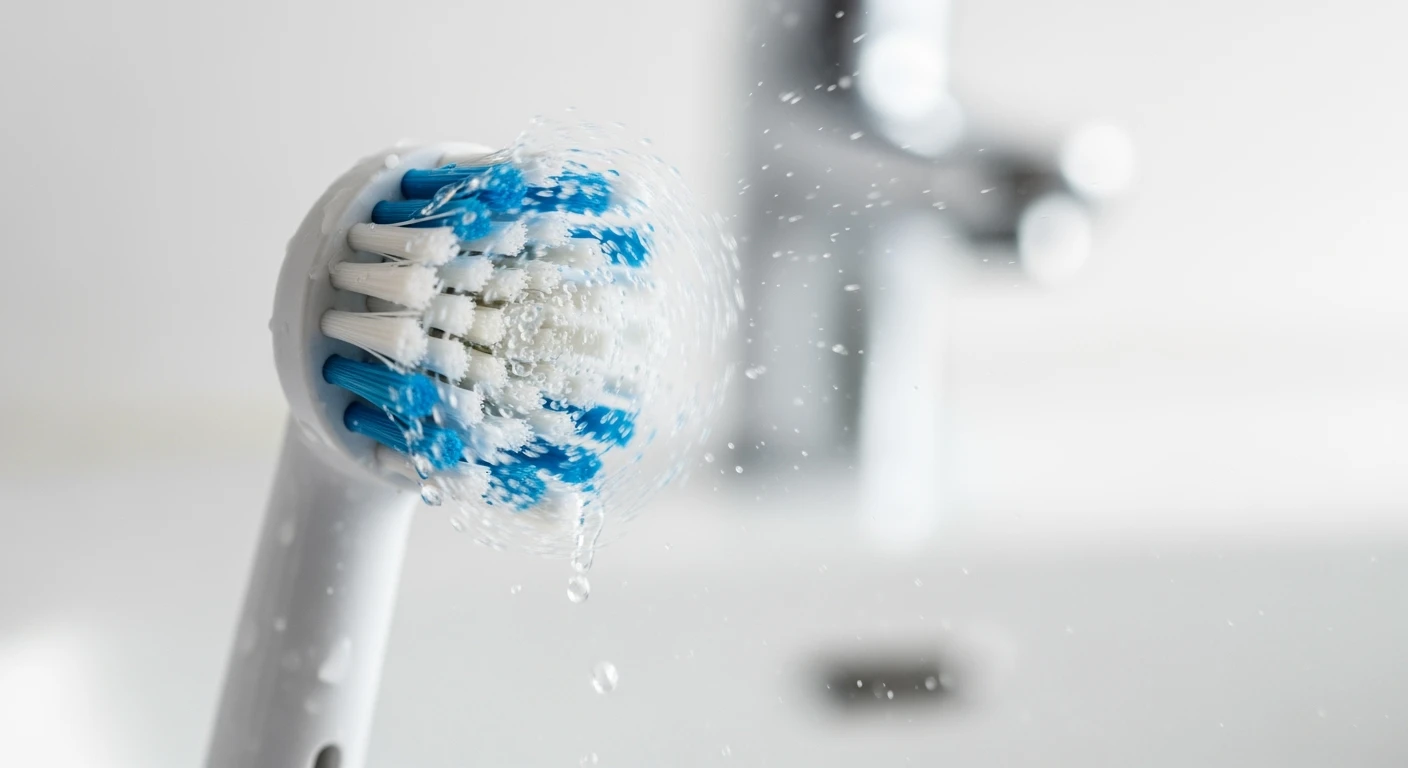 Elektrische tandenborstel in actie: snel bewegende borstelharen voor een stralend schoon gebit.