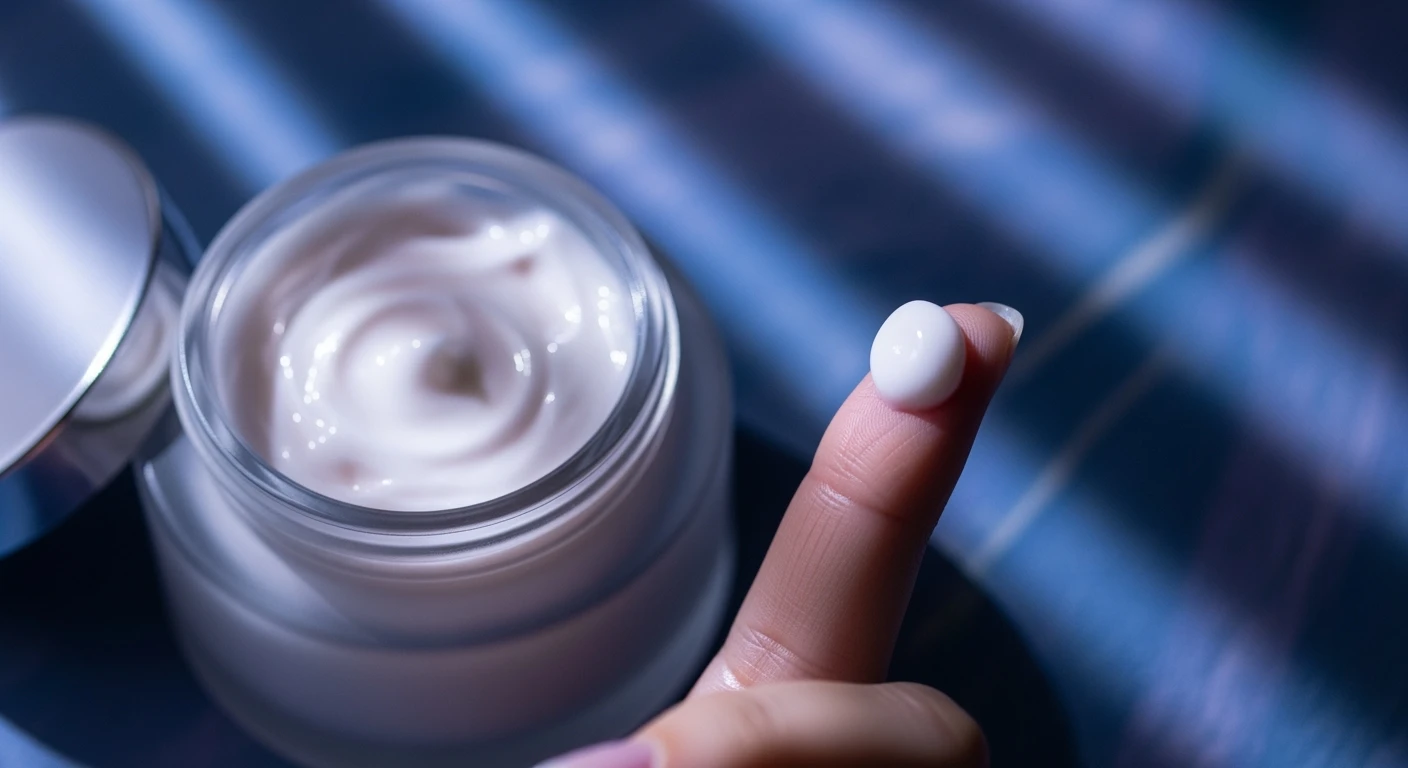 Hydraterende nachtcreme textuur op vinger, maanlicht.