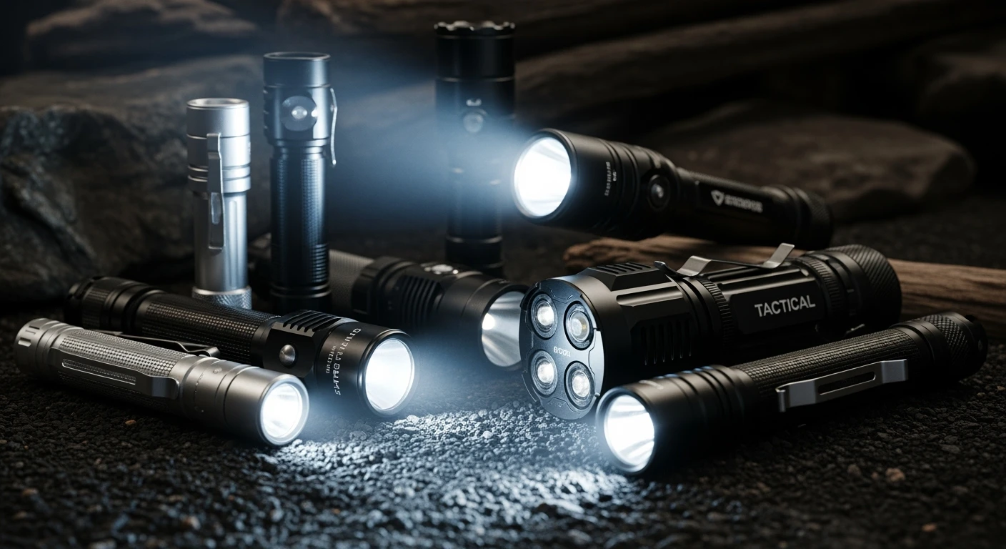 Diverse zaklampen, van EDC tot tactisch, waarvan één een heldere lichtbundel schijnt.