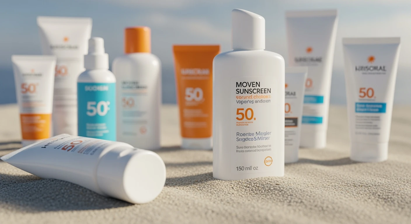 Zonnebrandcrème factor 50 en 30 op zand. Bescherming tegen de zon is essentieel!