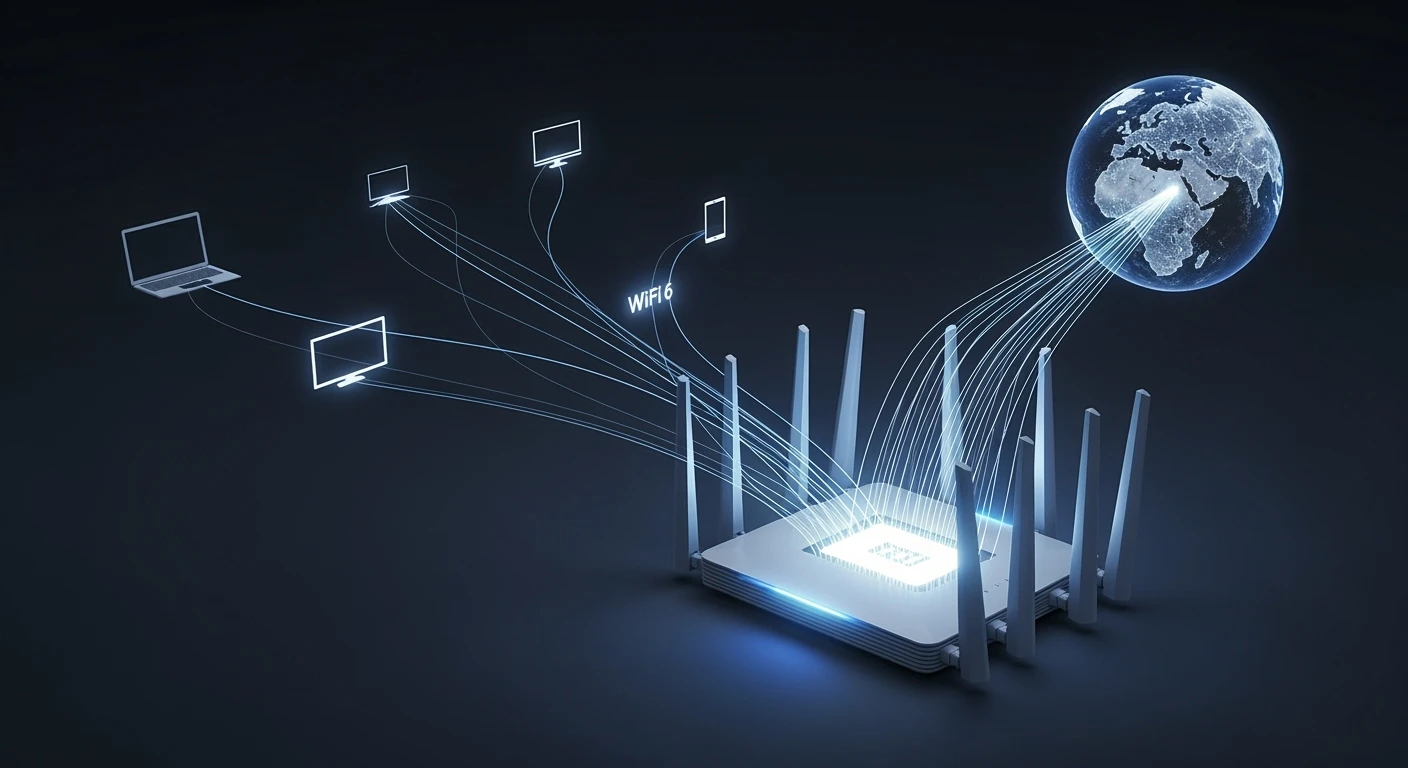 WiFi 6 router met datastromen naar internet en smart home apparaten. Thuisnetwerk en wifi in actie.