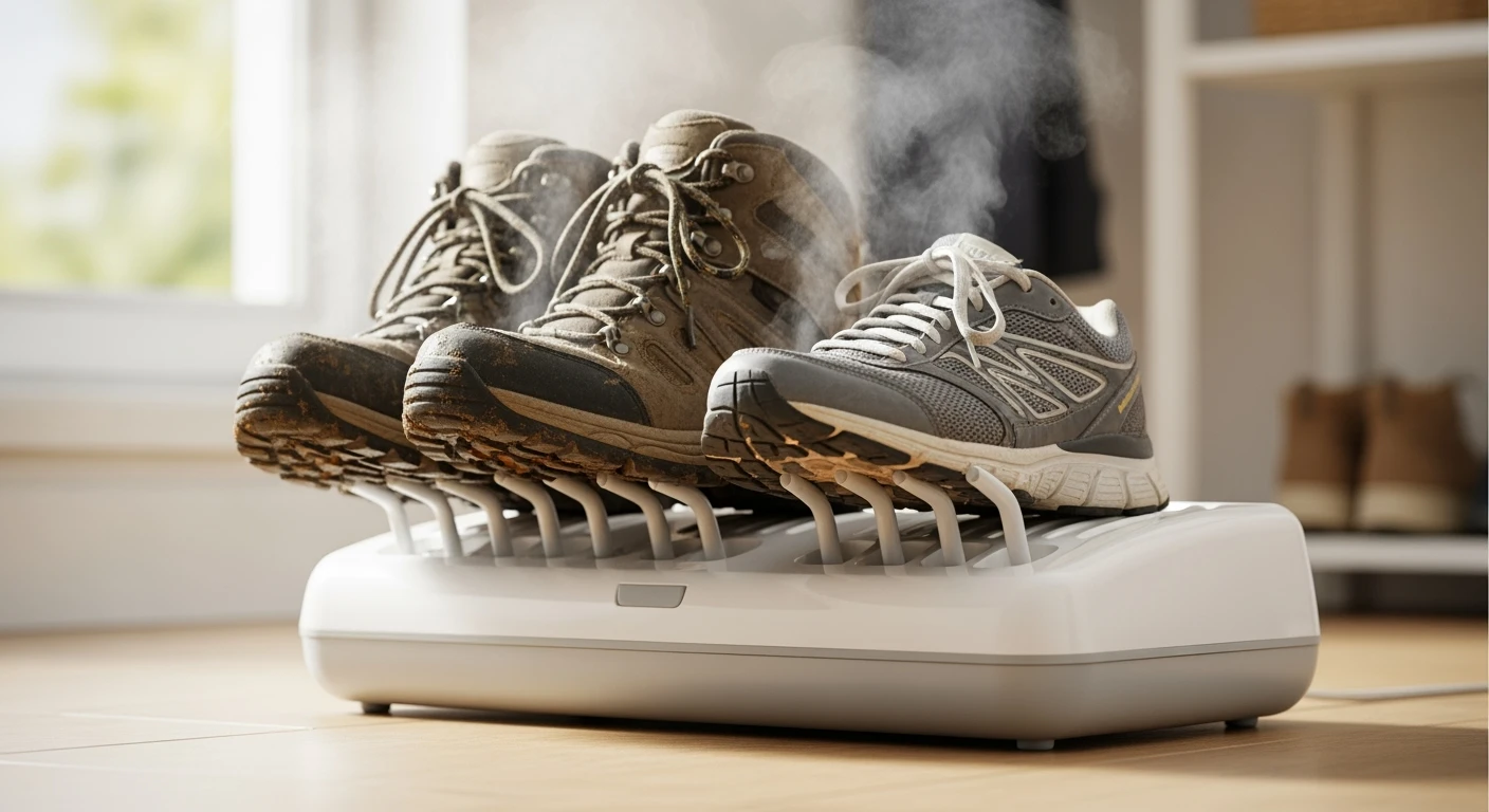 Elektrische schoenendroger met wandelschoenen en hardloopschoenen. Droge en frisse schoenen gegarandeerd.
