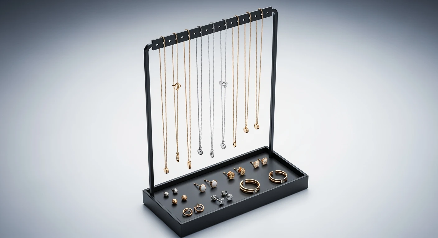 Zwart sieraden opbergrek met gouden en zilveren kettingen, oorbellen en ringen.