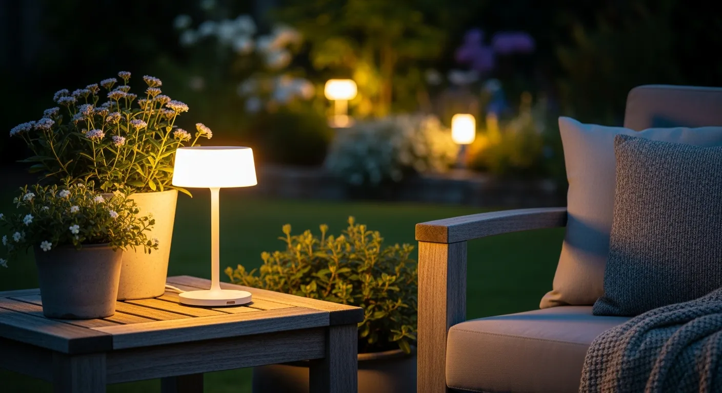Oplaadbare lamp voor buiten verlicht sfeervol een gezellige patio bij schemer.