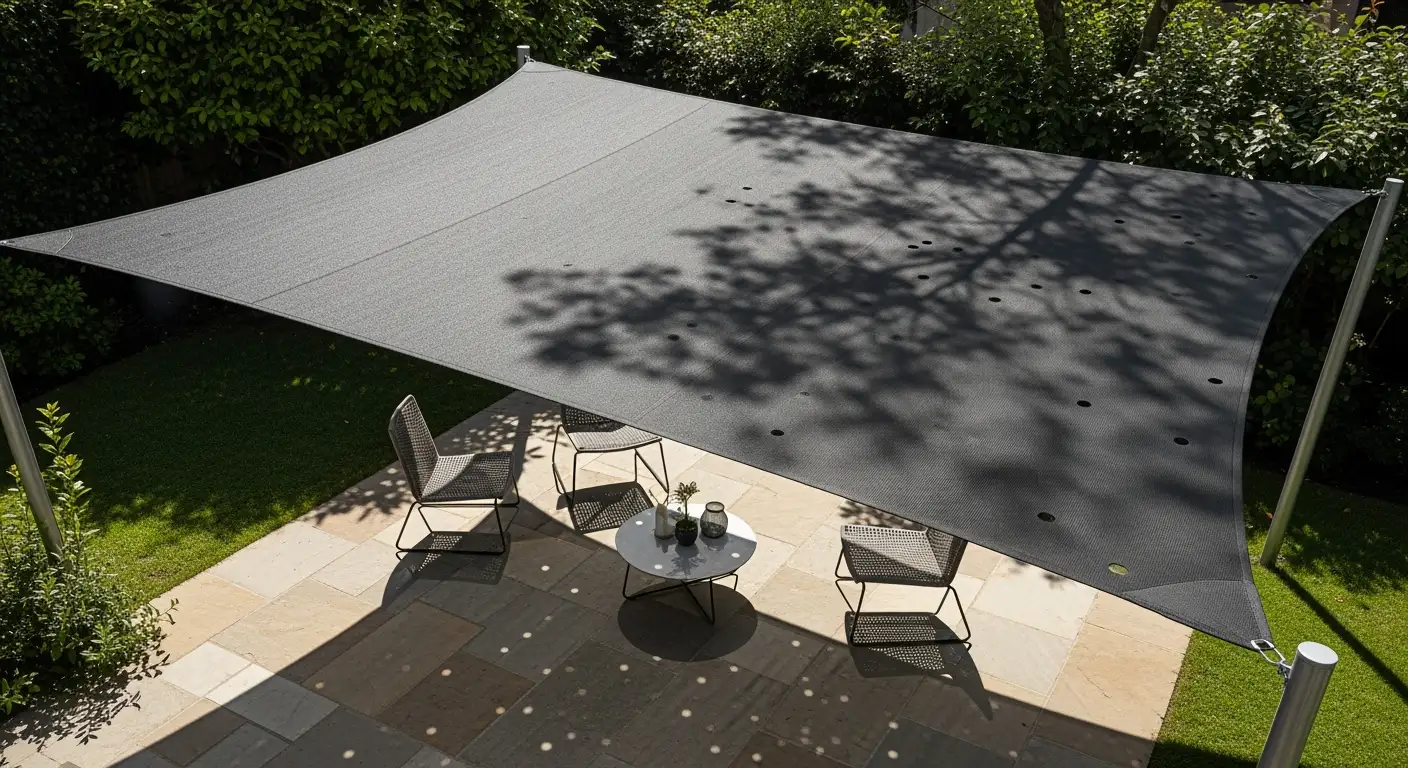Rechthoekig schaduwdoek creëert stijlvolle schaduw op een patio met stenen en minimalistisch meubilair.