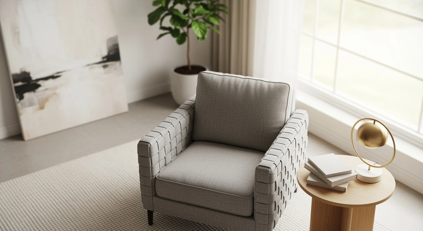 Stijlvolle woonkamer met comfortabele, moderne fauteuil in neutrale kleur. Perfecte relaxfauteuil voor jouw interieur.