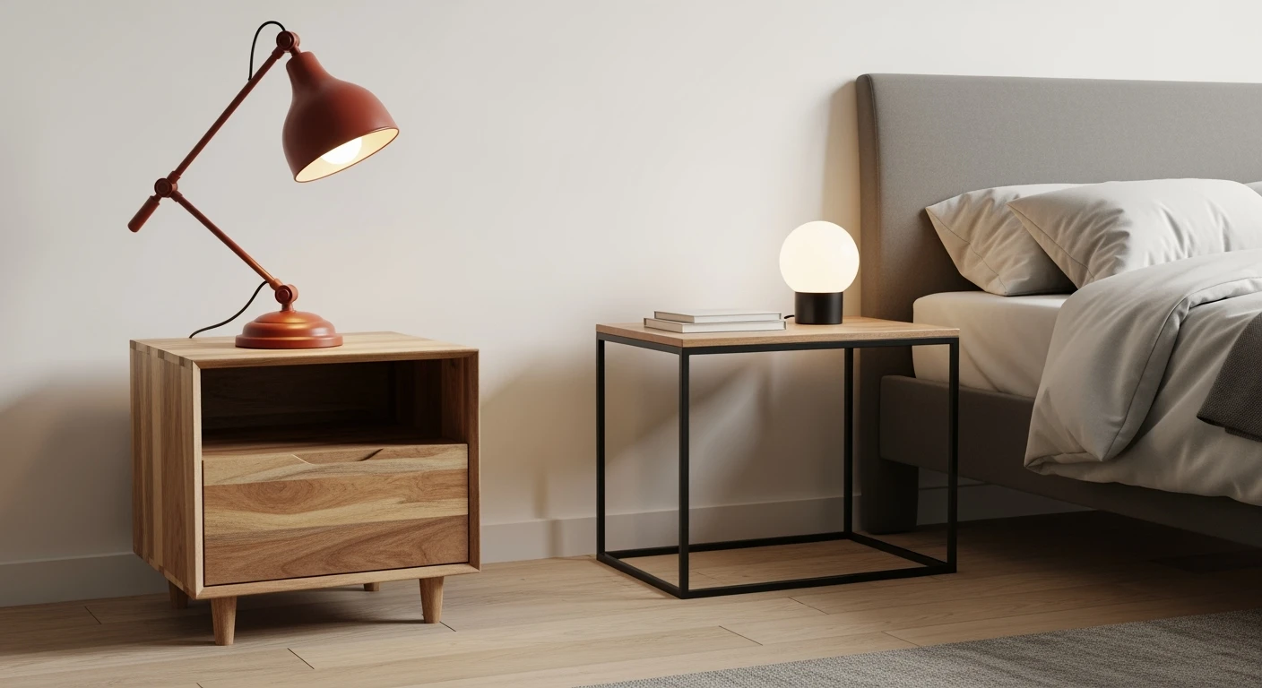 Nachtkastje zwart metaal & nachtkastje hout in een modern ingerichte slaapkamer.