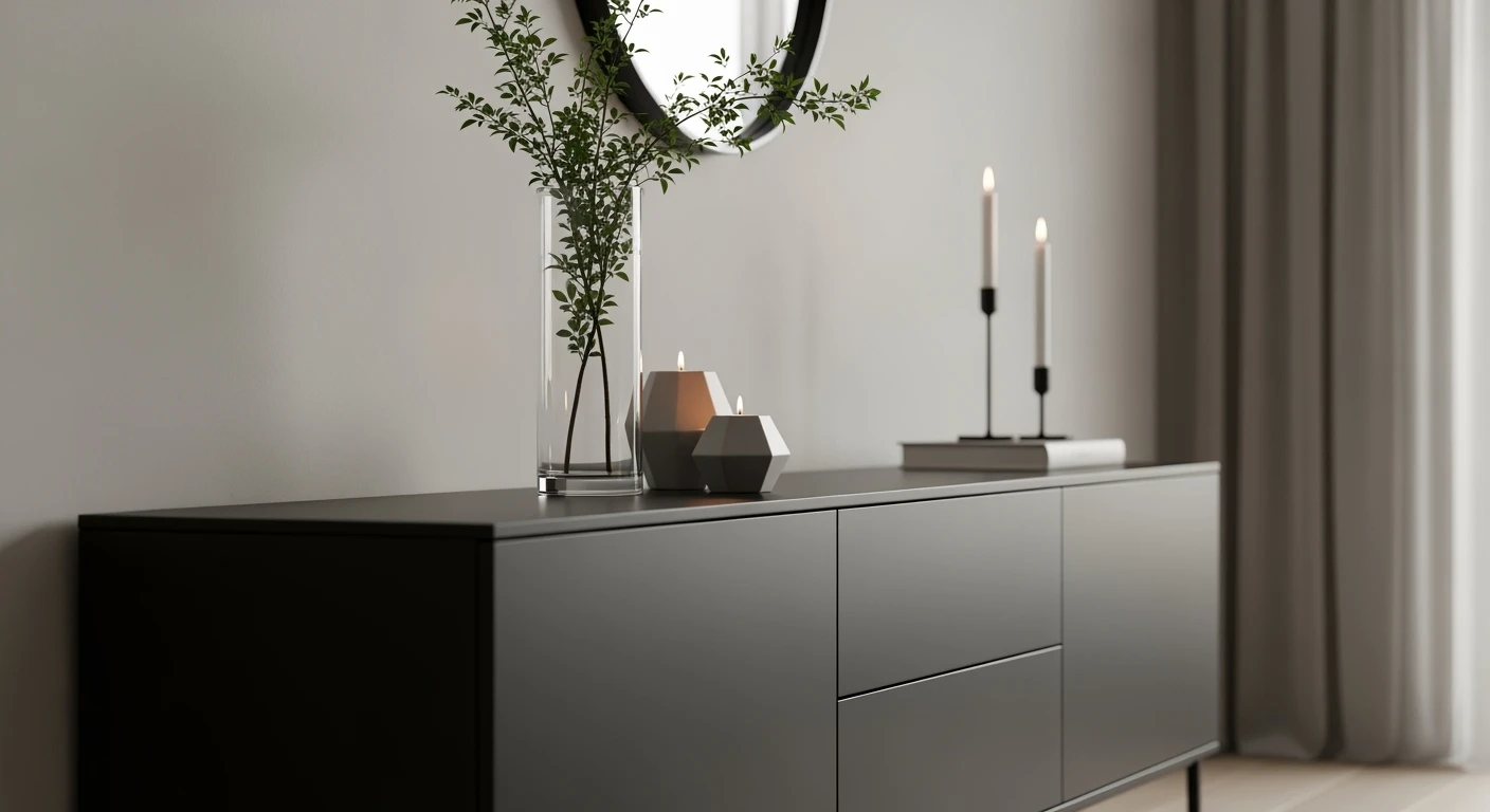 Zwarte dressoir kast in moderne woonkamer met minimalistische decoratie.