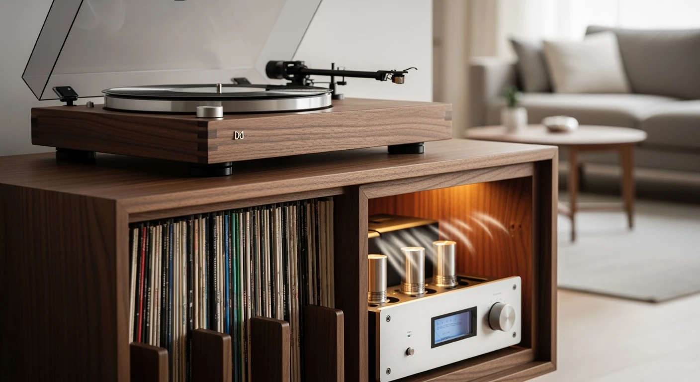 Stijlvolle platenspeler kast van walnoot met vintage platenspeler en LP opbergsysteem.