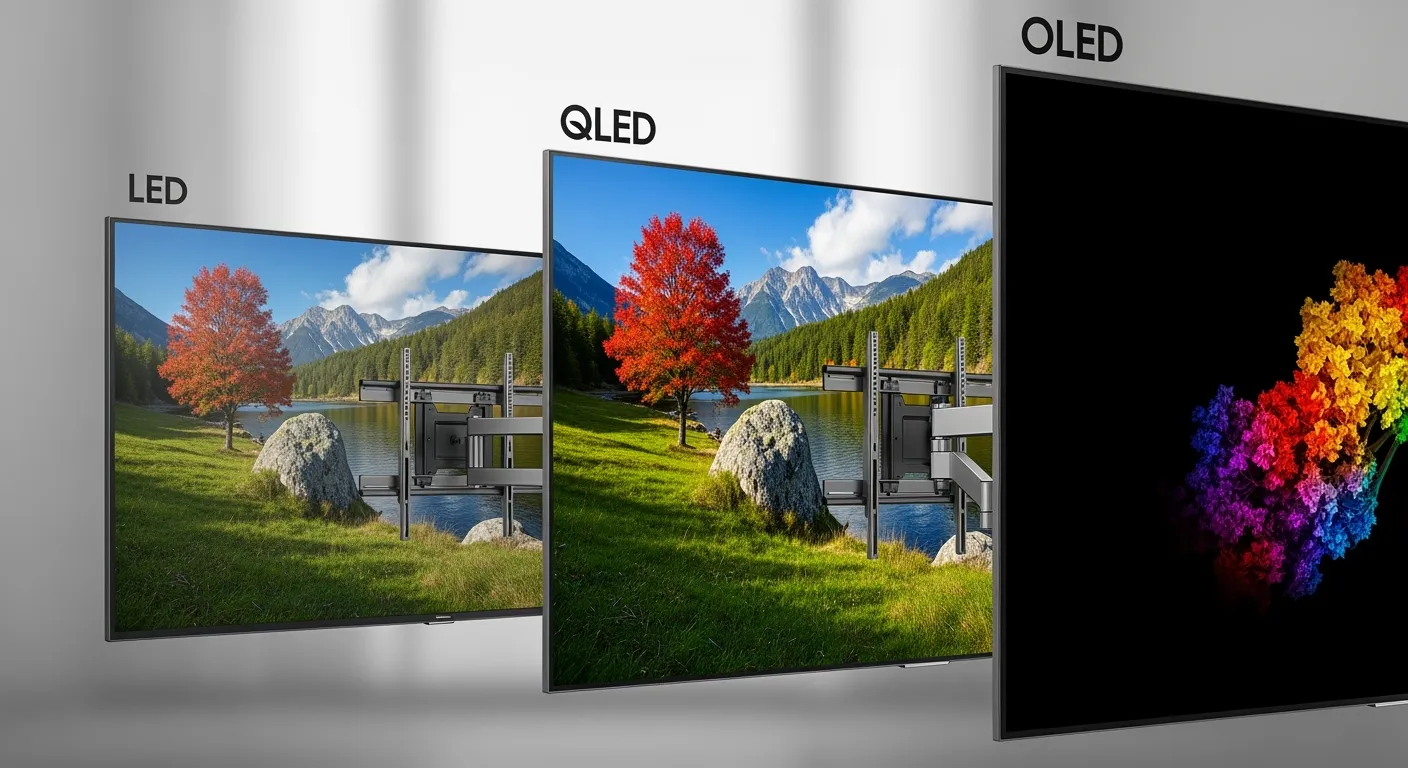 Smart tv vergelijking: LED, QLED en OLED schermen naast elkaar tonen verschillen in beeldkwaliteit.