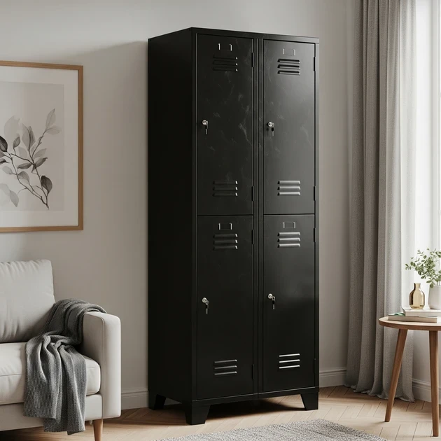 Diverse lockerkasten: stalen lockerkast, zwarte lockerkast en kleurrijke modellen in een moderne setting.