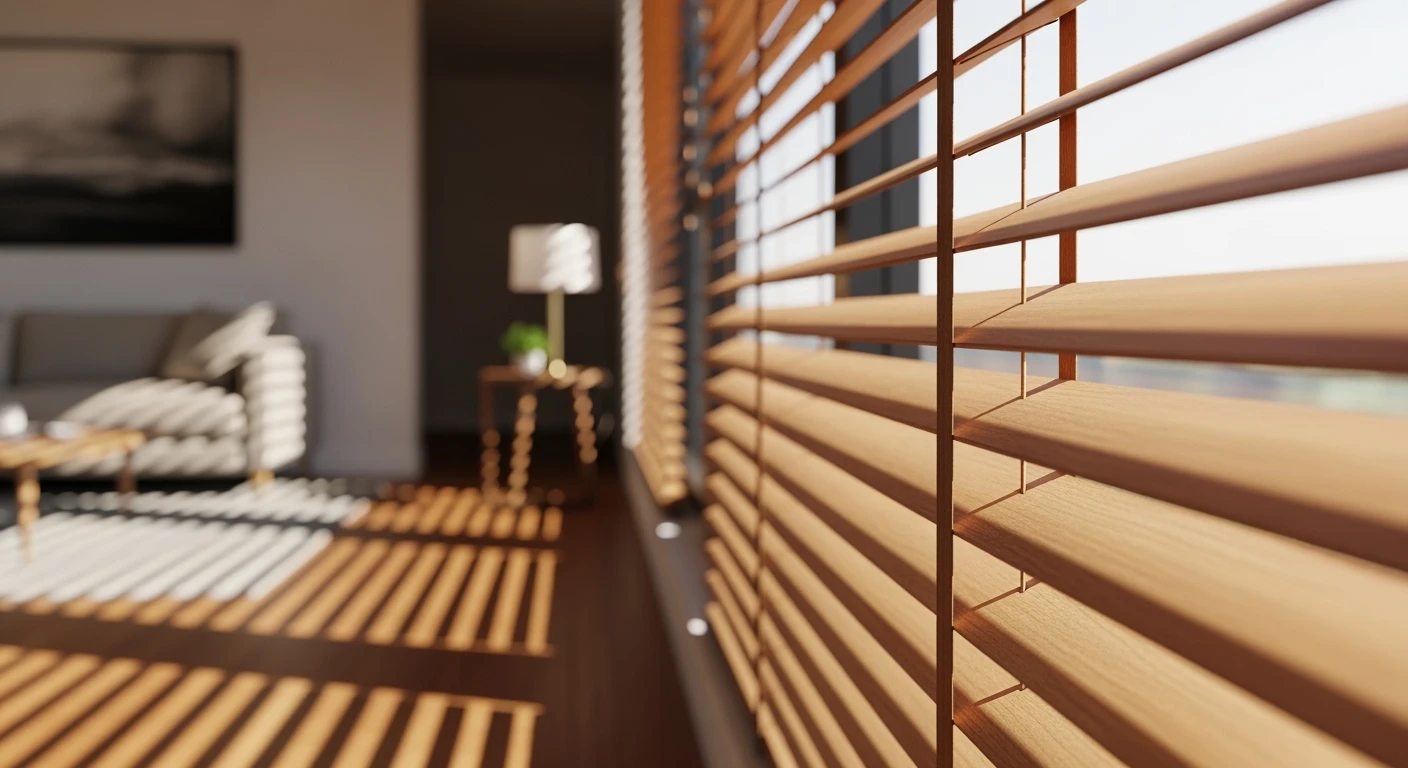 Houten jaloezieën filteren zonlicht sfeervol in een woonkamer.