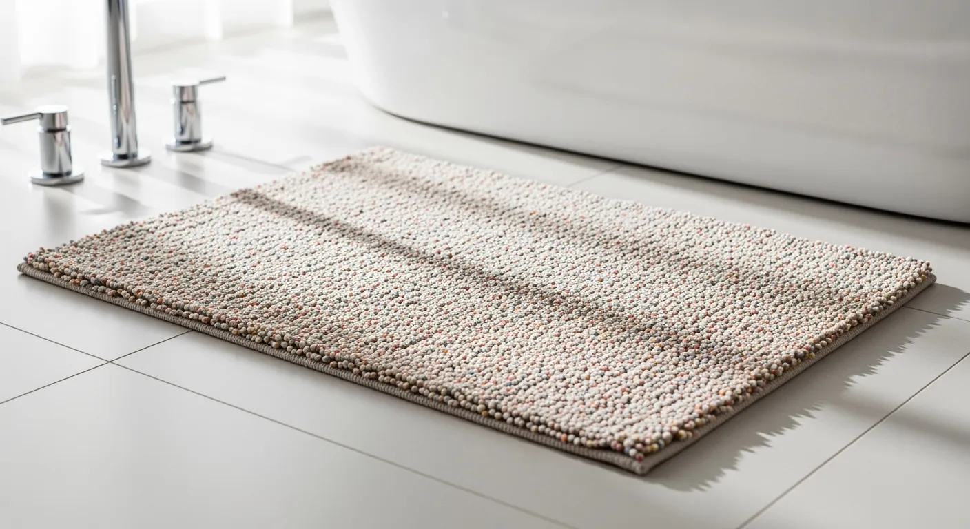 Pluche katoenen badmat op lichtgrijze tegels. Comfort, veiligheid en design voor de badkamer.