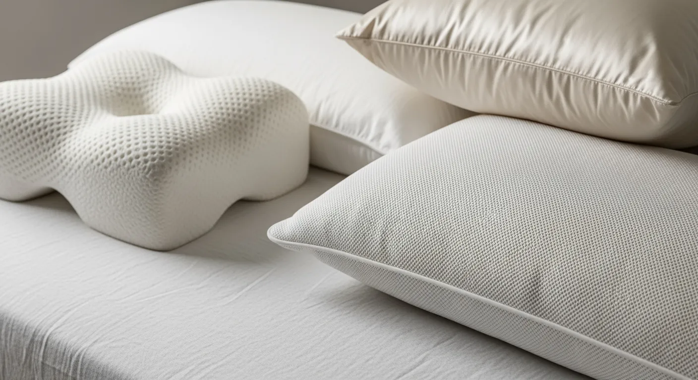Diverse hoofdkussens (nek, rug, zij, buik) op een wit bed. Kies het perfecte kussen voor jouw slaap.