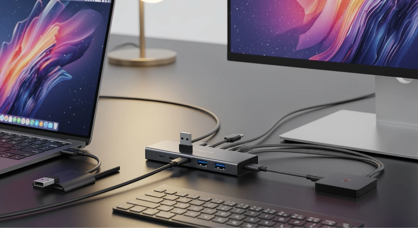 USB-C hub aangesloten op laptop en randapparatuur voor georganiseerde werkplek.
