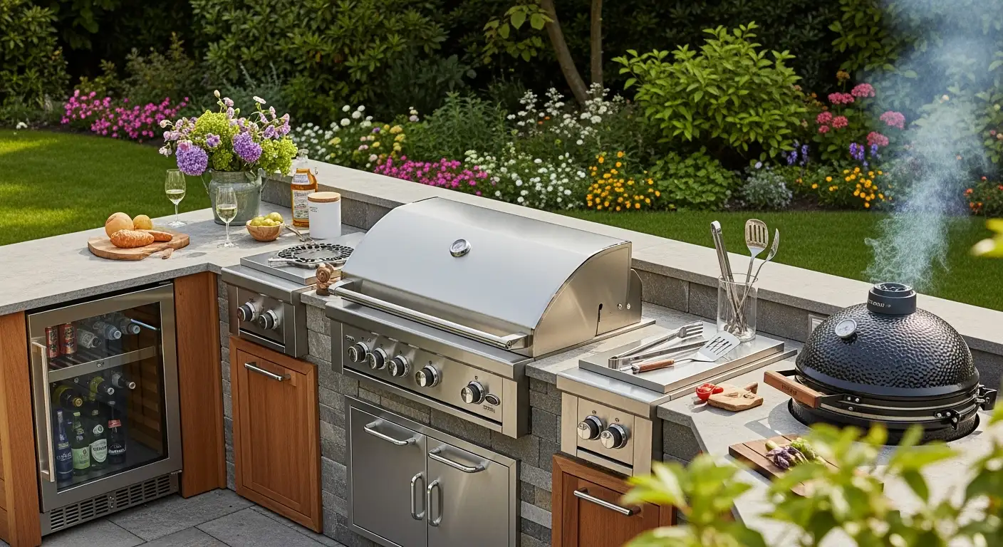 Prachtige buitenkeuken in tuin. BBQ en accessoires, kamado grill, en koelkast.