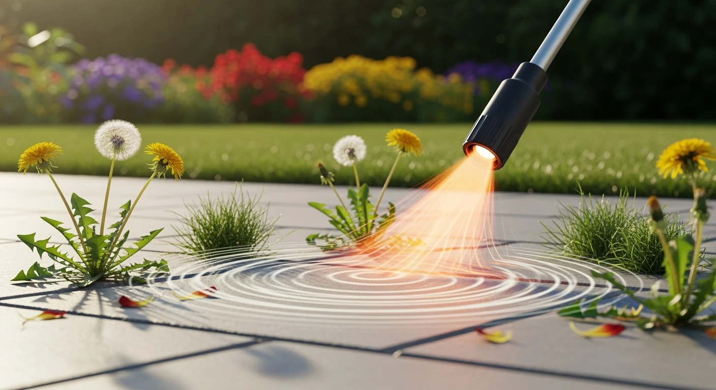 Elektrische onkruidbrander in actie. Onkruid verwelkt op stenen pad.