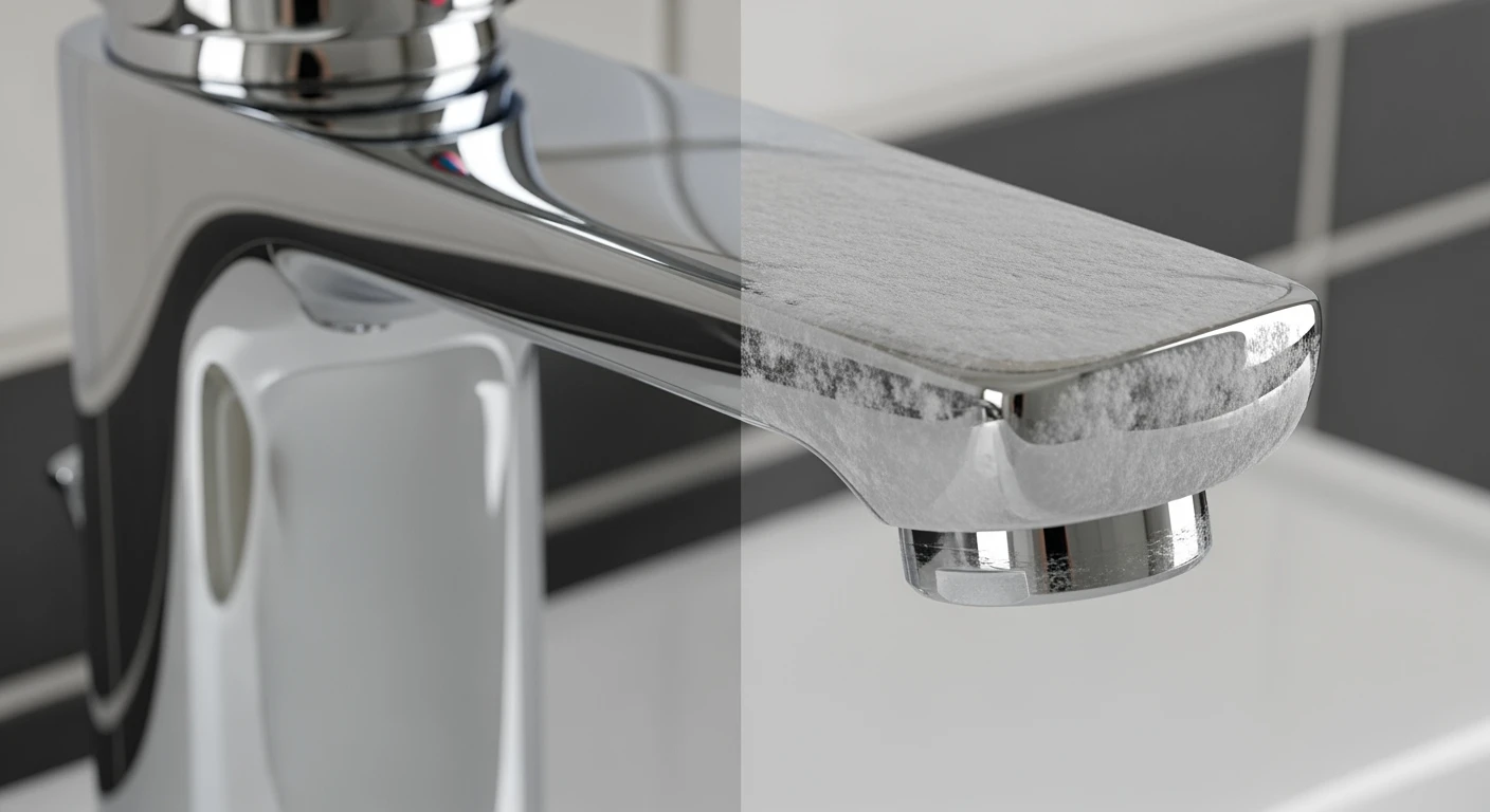 Badkamer ontkalker: kraan half schoon, half kalk. Effectieve kalk verwijdering!