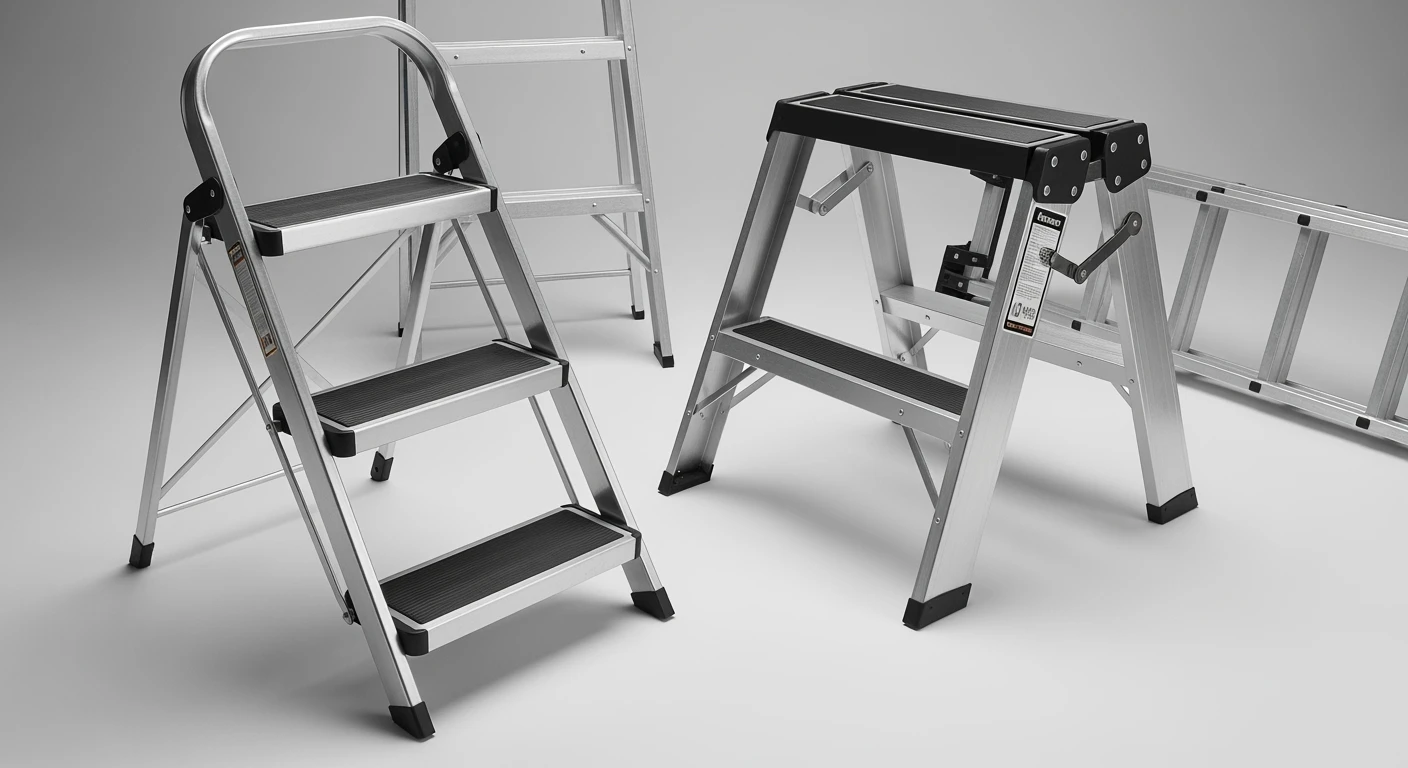 Drie soorten **trapladders**: opvouwbare trap, uitschuifbare trap en inklapbare ladder.
