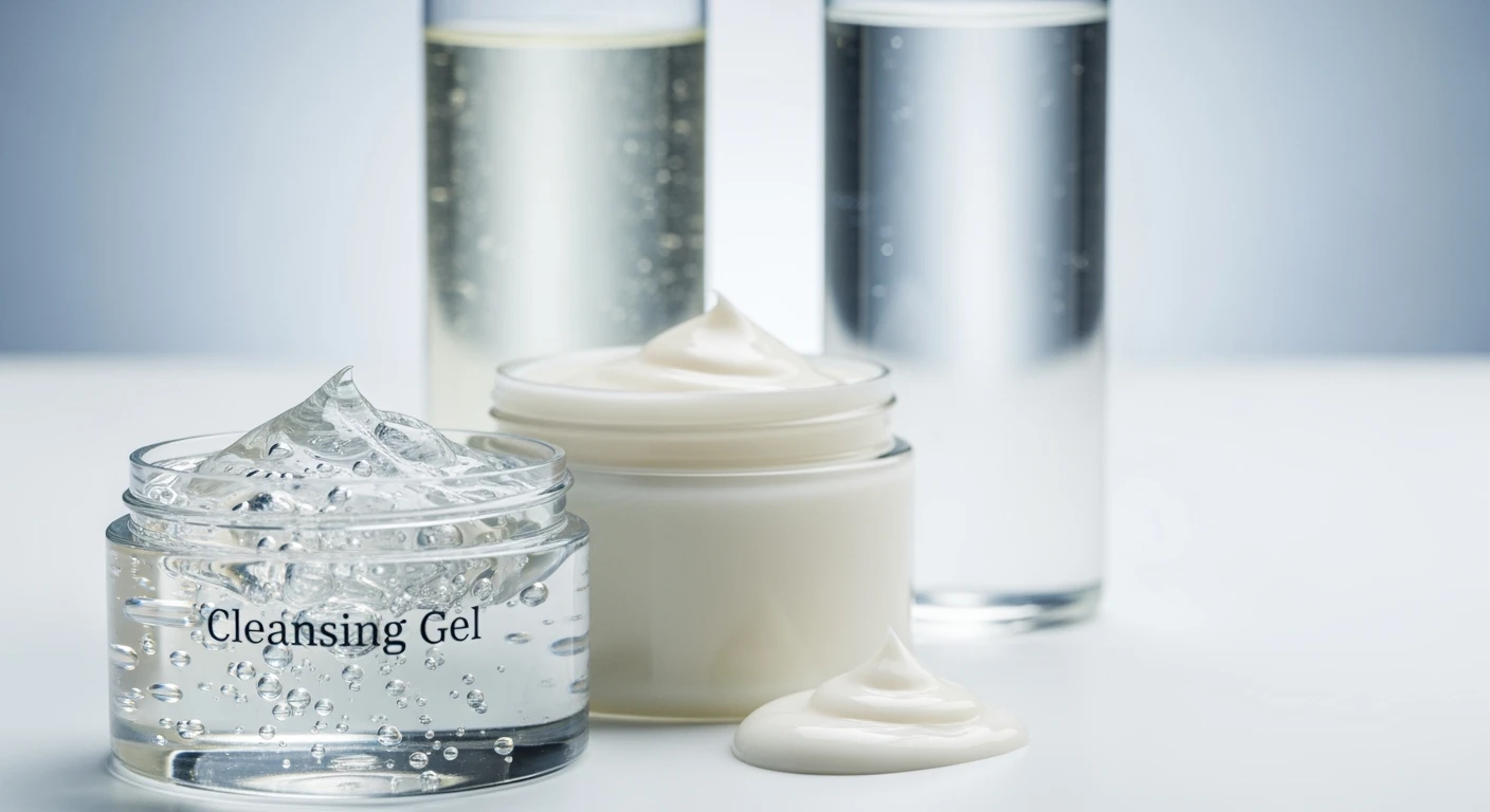 Diverse gezichtsreinigers: reinigingsgel, reinigingsmelk en micellair water.