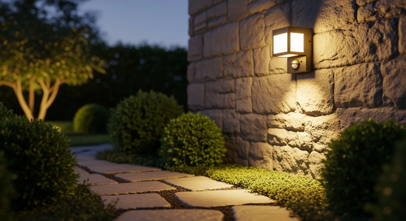 Moderne buitenlamp met sensor verlicht stenen muur en tuinpad in de schemering.