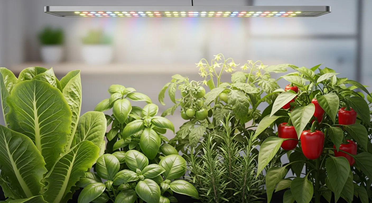 LED kweeklamp verlicht weelderige planten. Groeilamp planten bevordert gezonde groei.