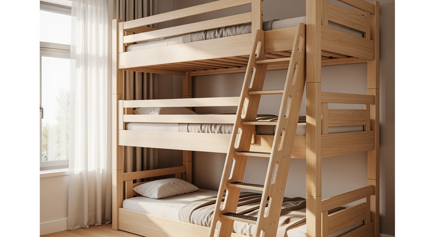 Stapelbed 3 persoons van licht hout in moderne kinderkamer. Veiligheid en ruimte centraal.