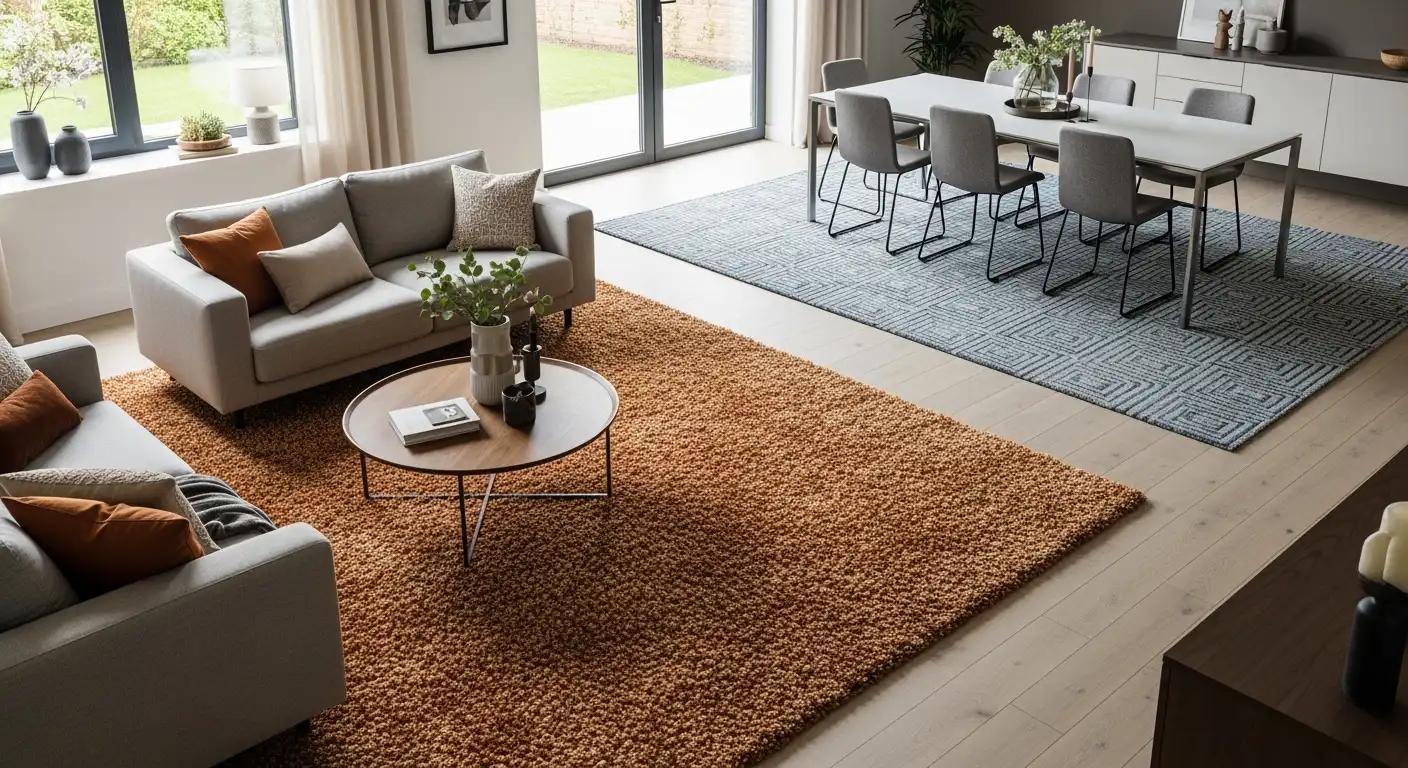 Stijlvolle woonkamer met verschillende vloerkleden: rond, rechthoekig, wol en jute.