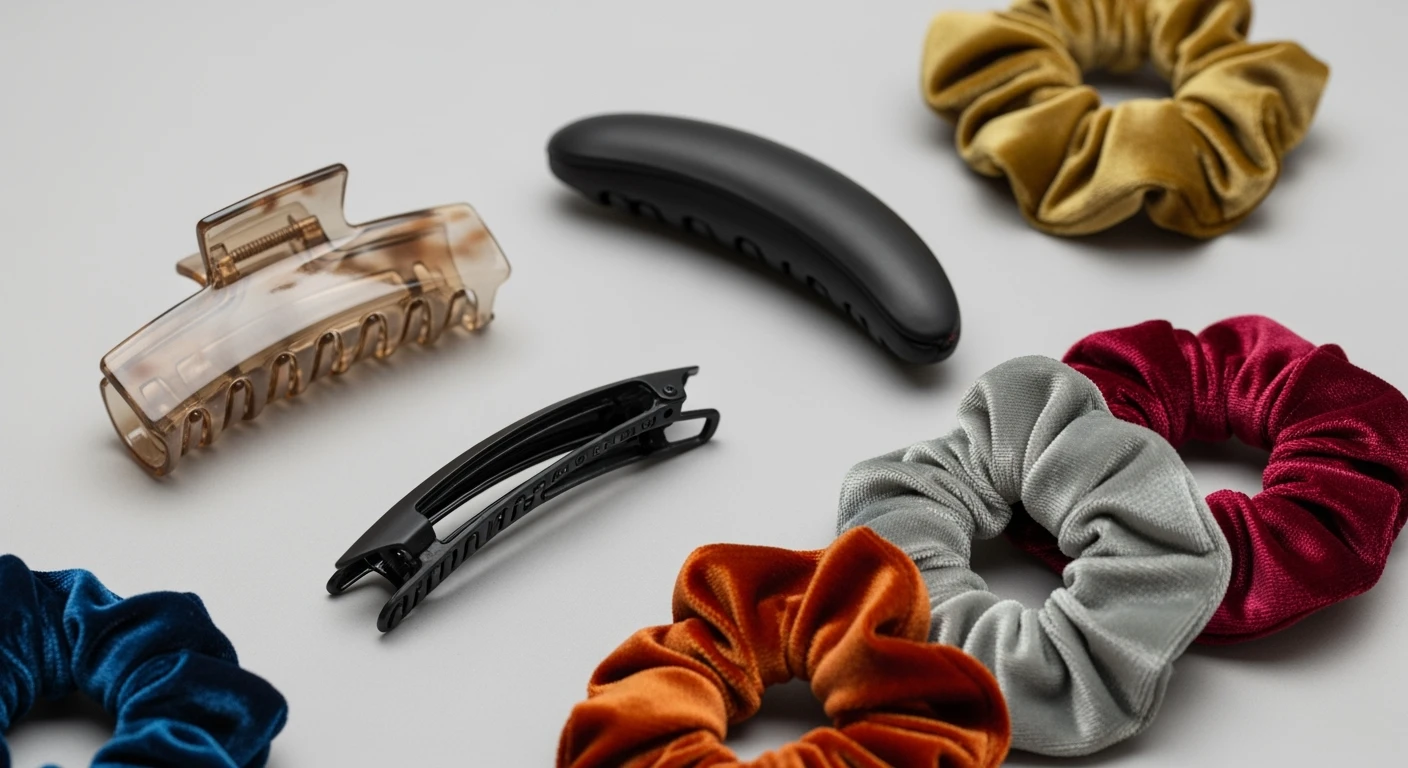 Haaraccessoires: haarband, scrunchie & clips op grijze achtergrond.