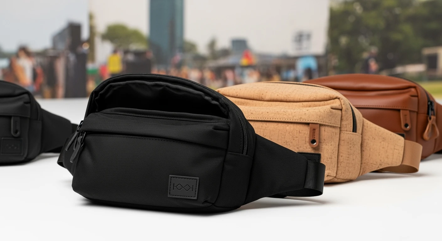 Diverse fanny packs: minimalistisch nylon, vegan kurk, en bruin heuptas leer.