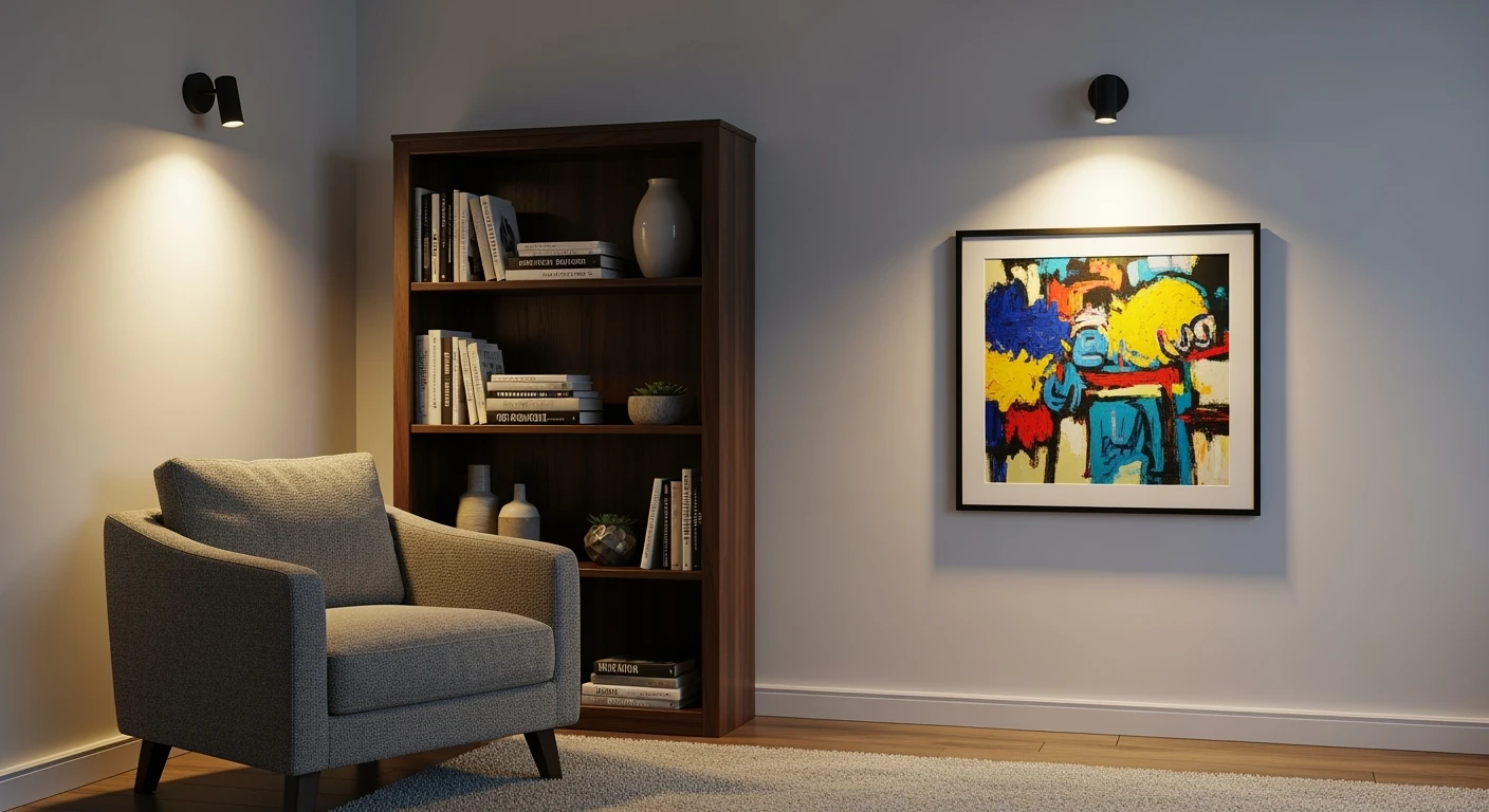 Moderne woonkamer sfeervol verlicht met zwarte wandspotjes.