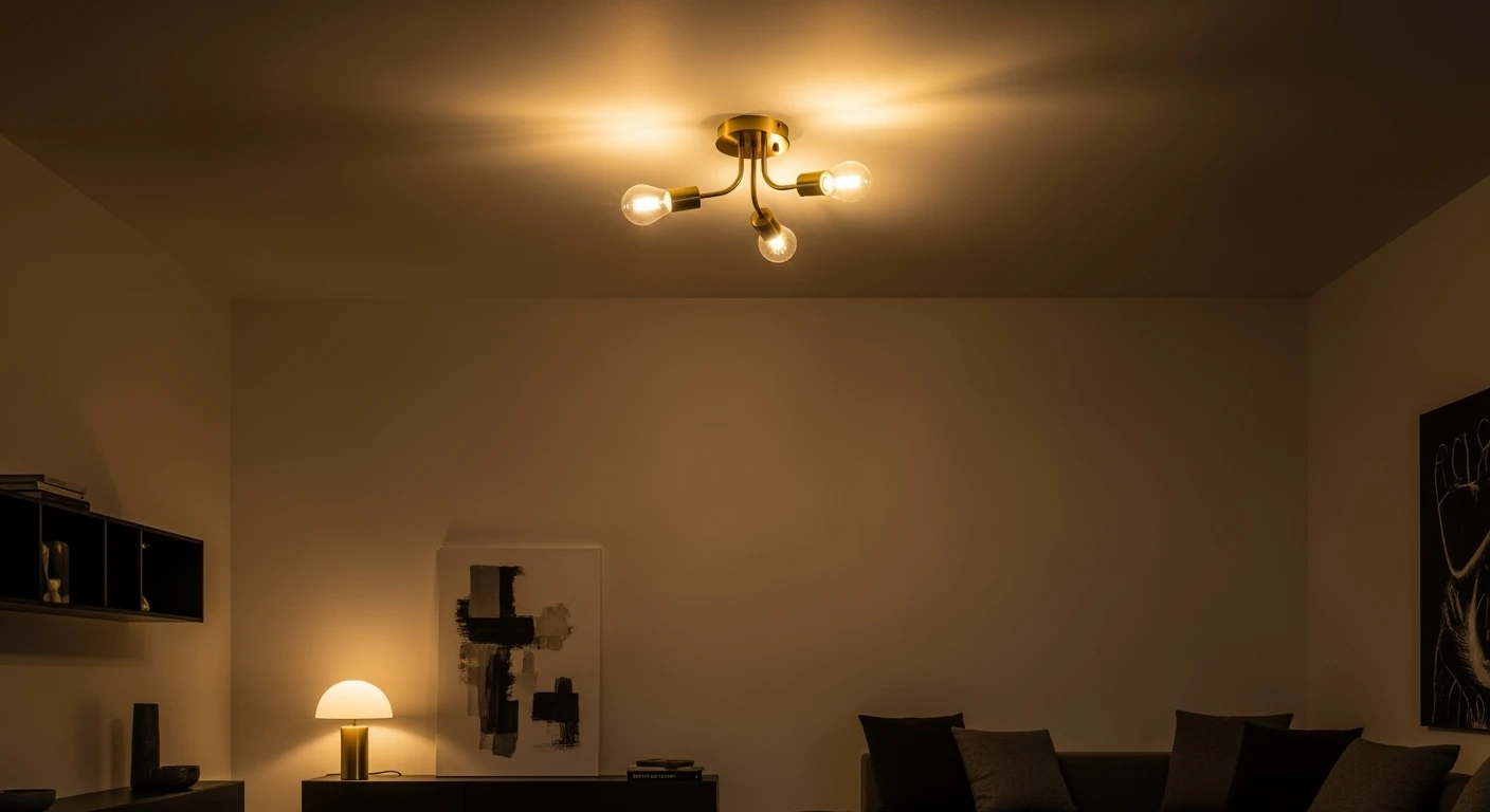 Design plafondlamp met gouden accenten verlicht moderne woonkamer.