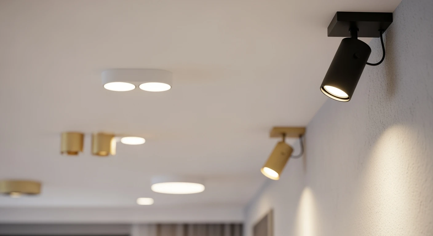 Moderne woonkamer met diverse plafondspots: zwarte plafondspots, gouden accenten en witte opbouw plafondspots.