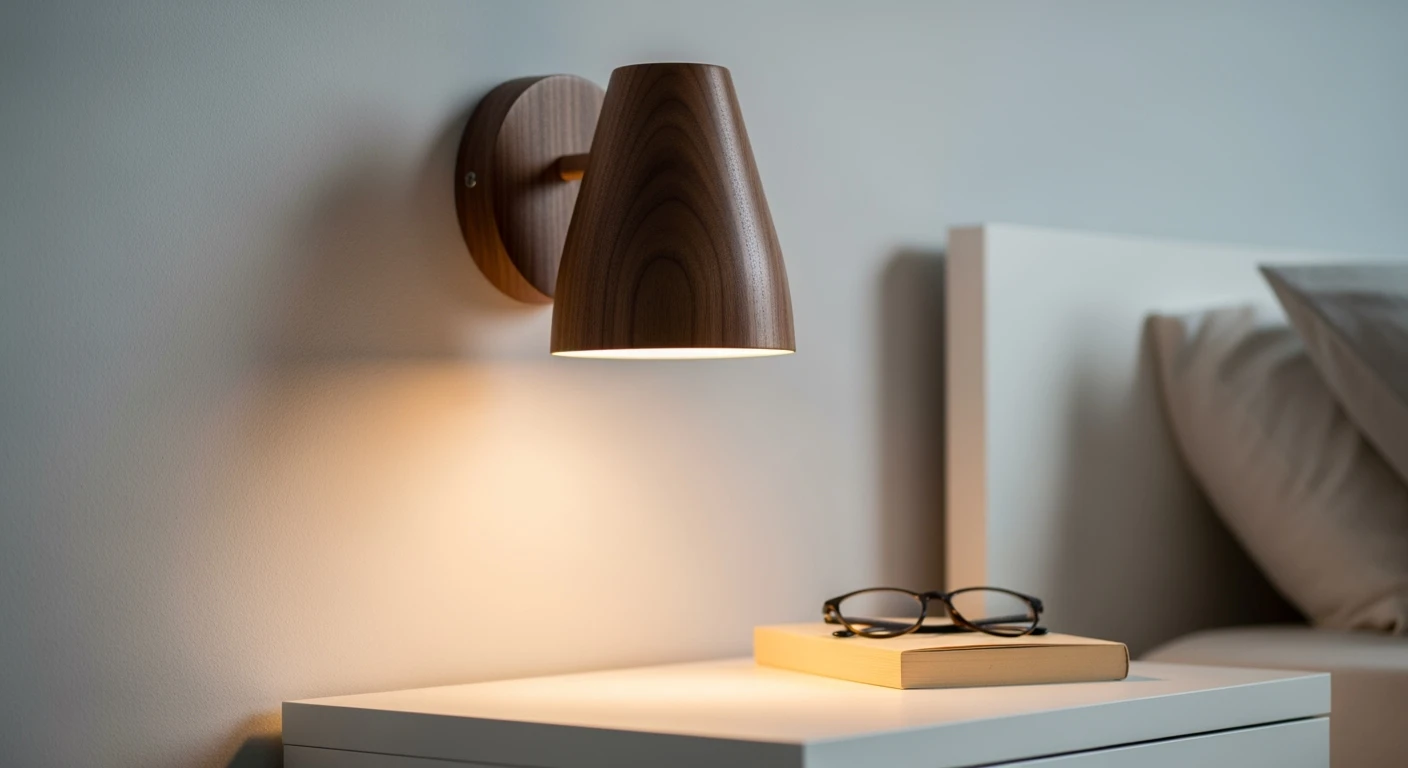 Wand bedlampjes van walnoothout boven nachtkastje. Sfeervolle en ruimtebesparende bedlamp aan de wand.