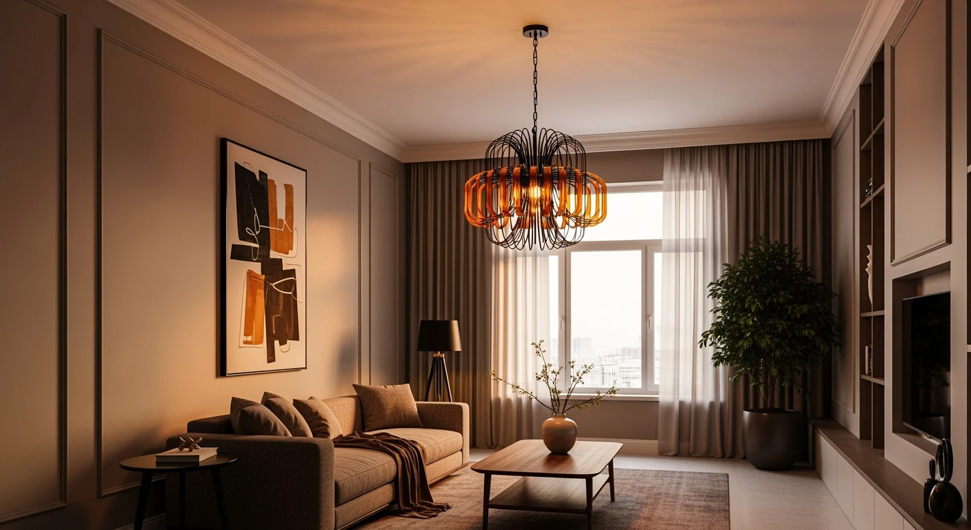 Grote hanglamp in luxe woonkamer. Amber en zwart design, perfect voor hoge plafonds.