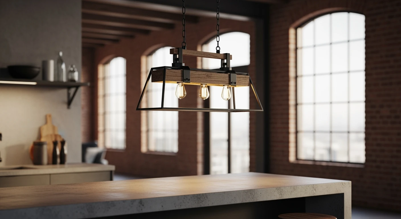 Industriële hanglamp boven betonnen kookeiland. Stijlvolle plafondlampen industrieel in modern loft.