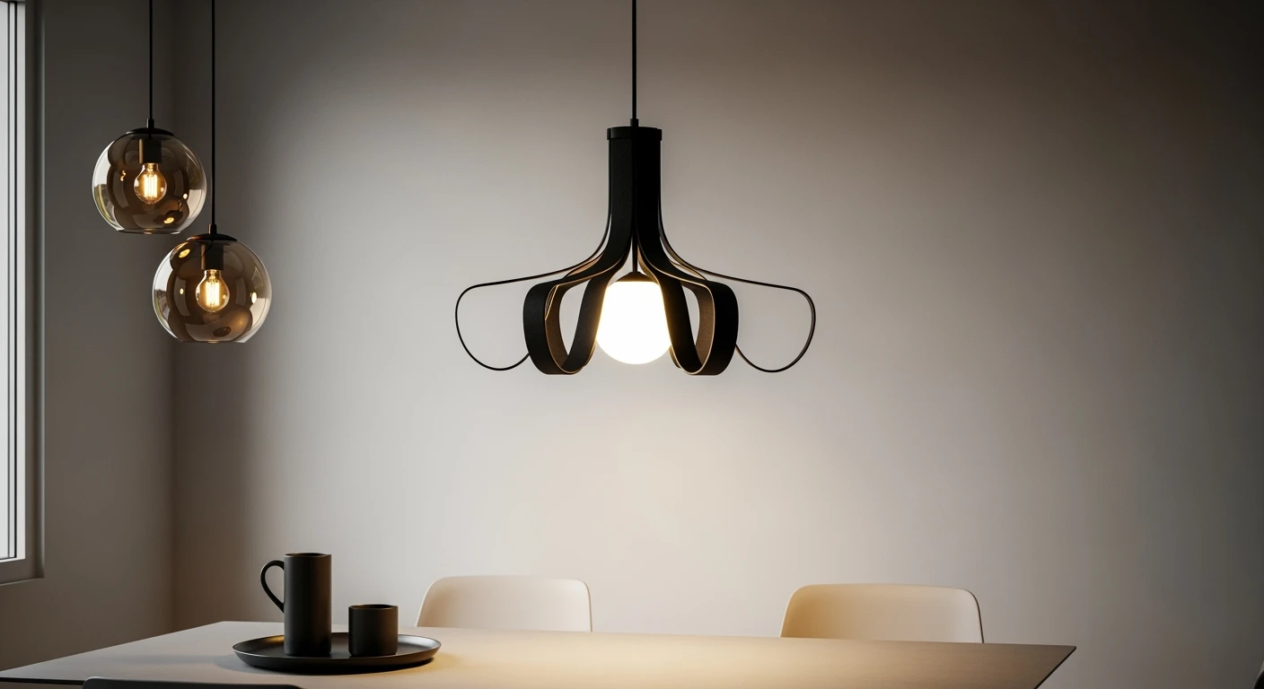 Design hanglamp boven eettafel creëert sfeervol licht in moderne woonkamer.