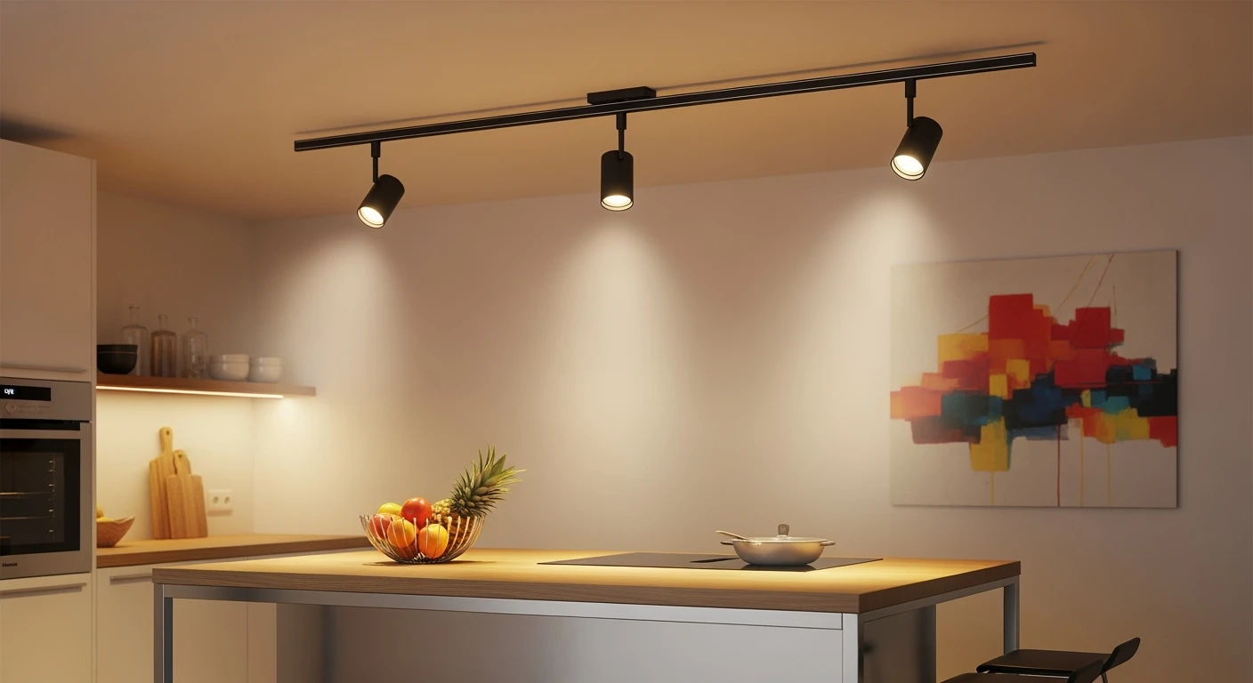 Zwarte rail met spots verlicht moderne keuken. LED railspot schijnt op kookeiland en kunst.