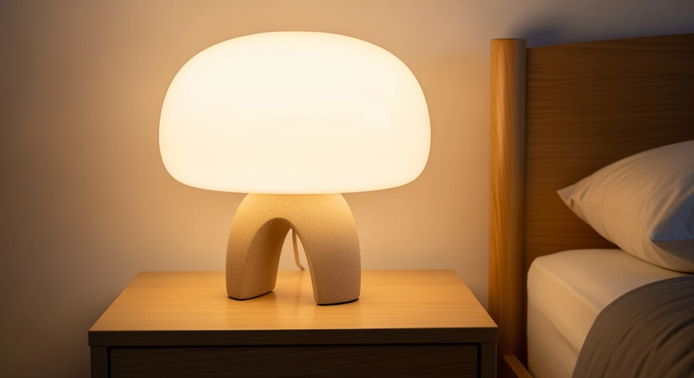 Stijlvol nachtkastlampje met beige keramische voet, perfect voor een moderne slaapkamer.