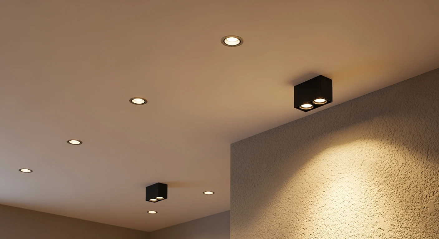 Moderne woonkamer met inbouwspots en opbouwspots, sfeervol verlicht.