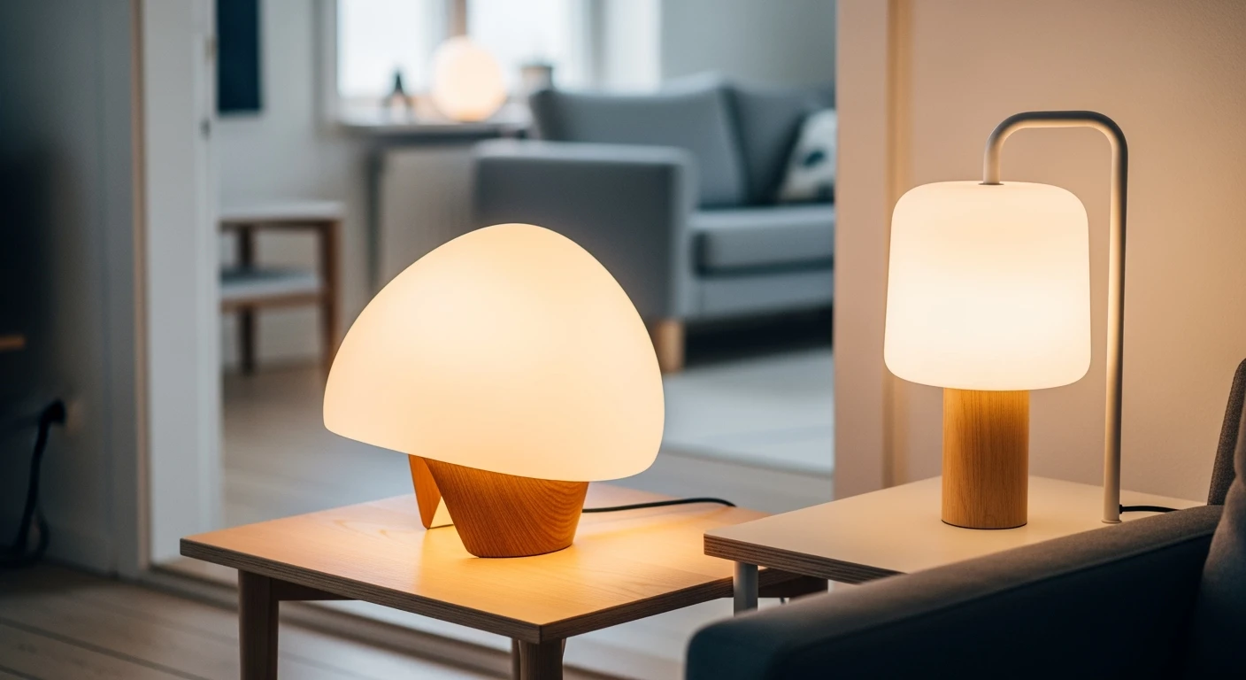 Design tafellampen sieren lichte woonkamer. Scandinavisch design bureaulamp en schemerlamp in focus.