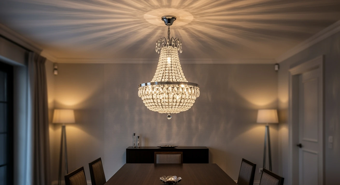 Kristallen kroonluchter boven eettafel. Moderne kroonluchter voor sfeervol huis.