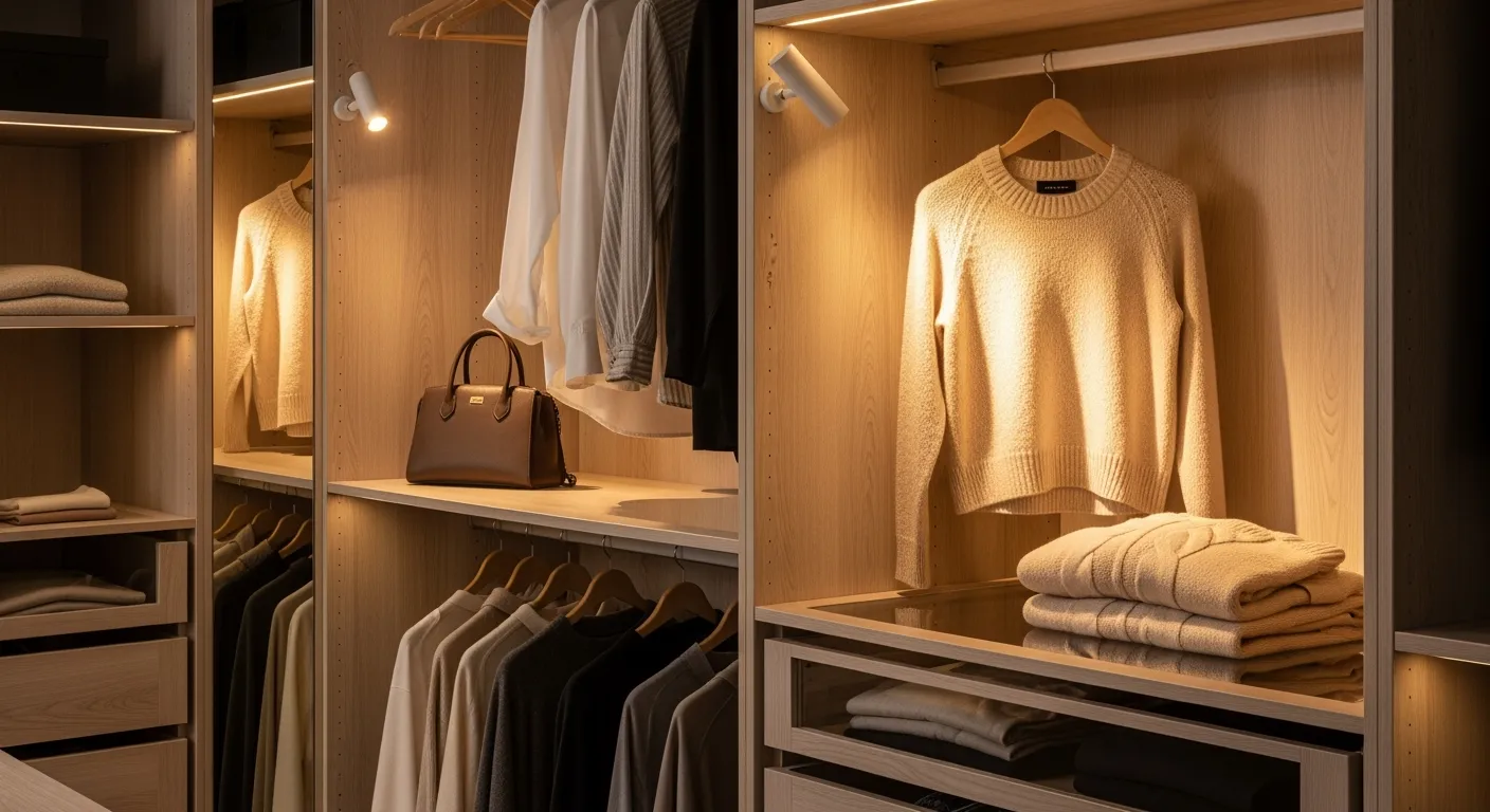 Moderne walk-in closet met strategische kastverlichting: spotlights en LED strips.
