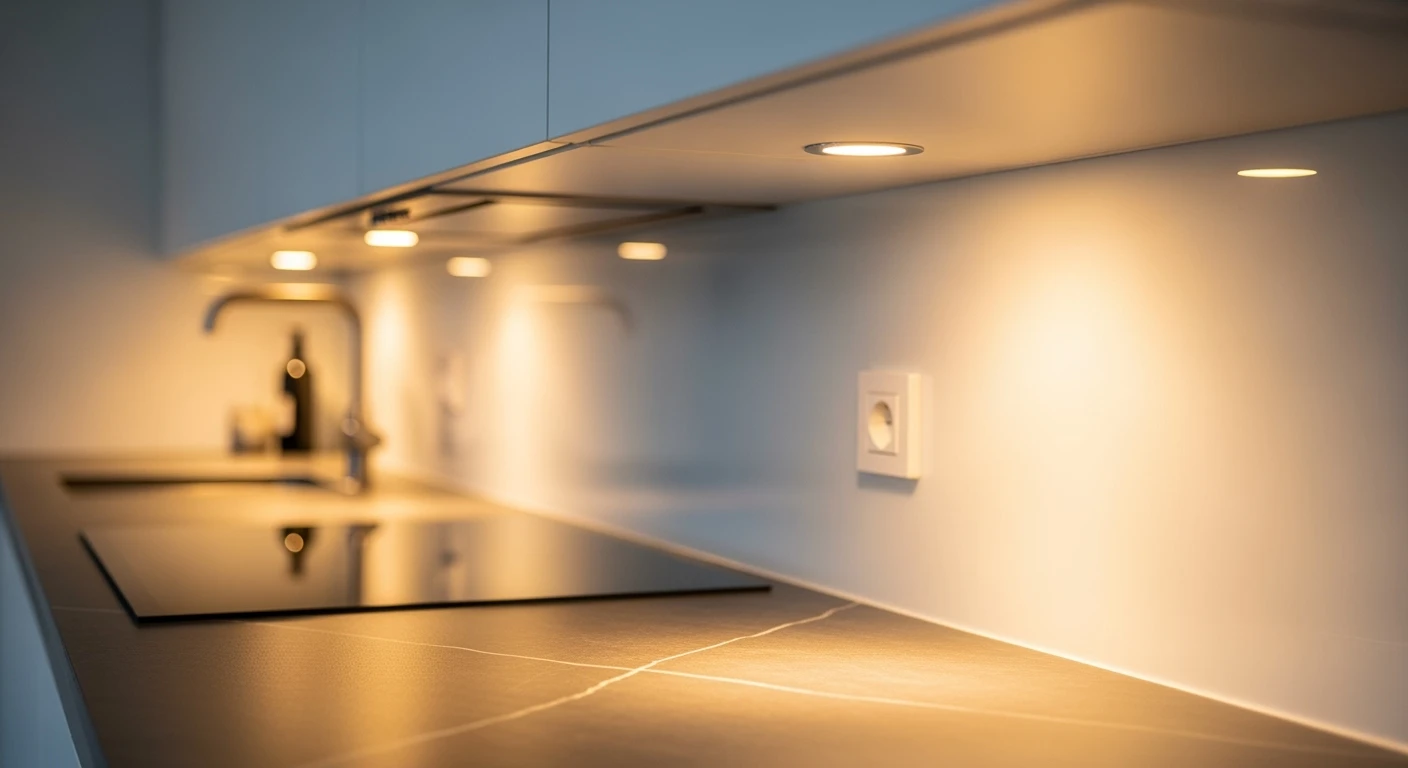 Moderne keuken verlicht met **inbouwspots**. Warm licht accentueert het donkere aanrecht en de minimalistische backsplash.