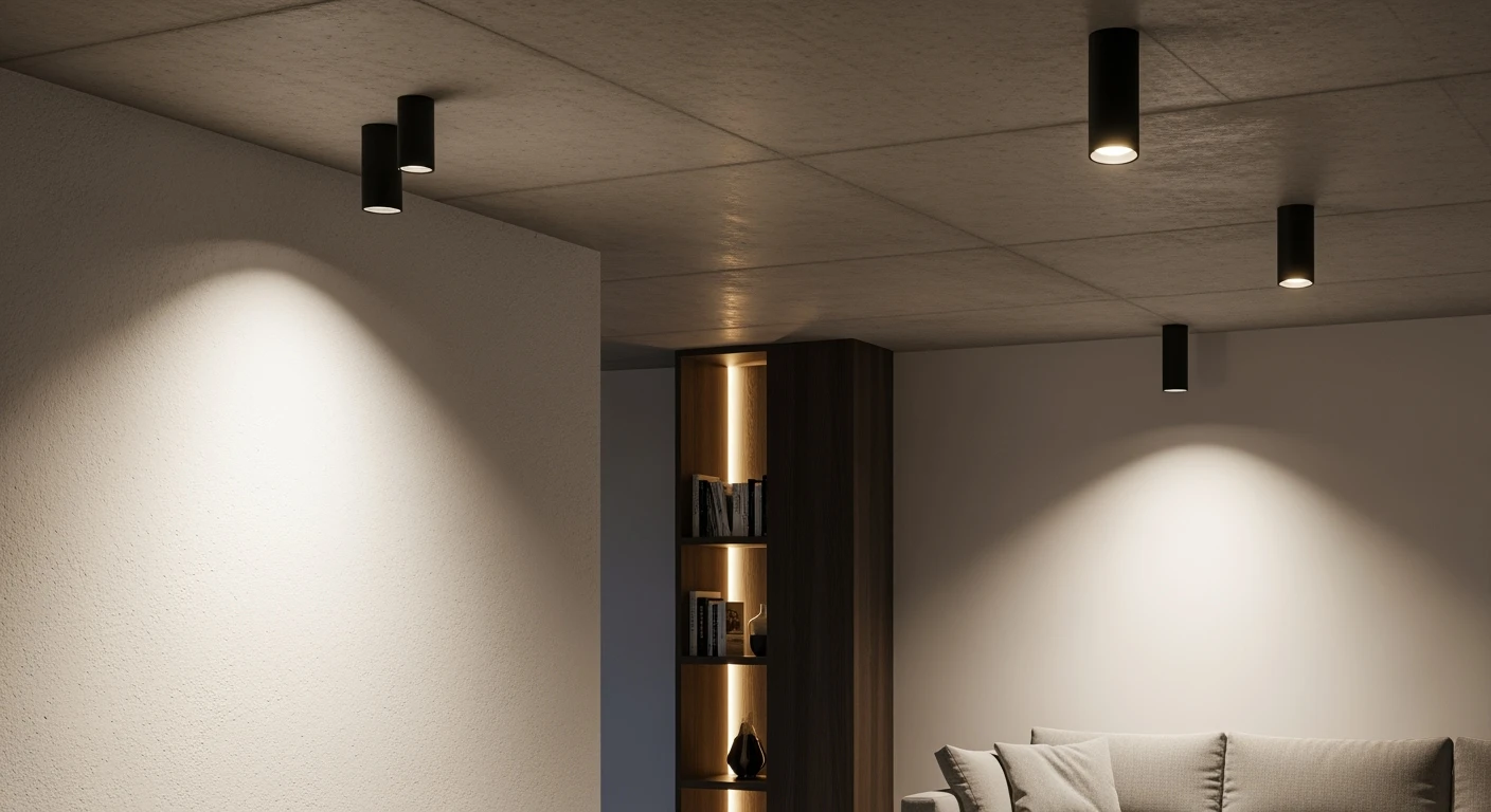 Zwarte opbouwspots verlichten een moderne woonkamer. Plafond spots opbouw zorgen voor sfeervolle verlichting.