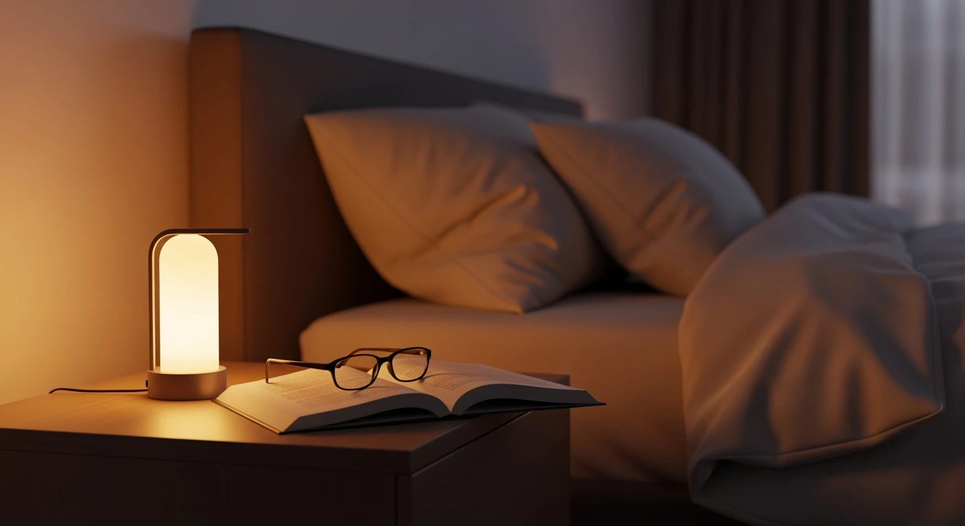 Sfeervolle slaapkamer met minimalistisch nachtlampje dat een warm amber licht verspreidt.