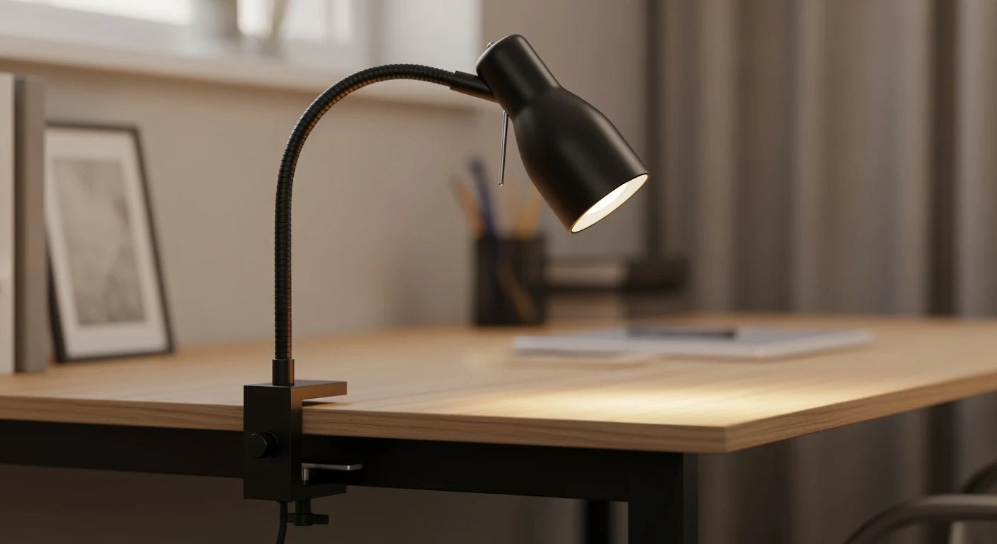 Moderne klemlamp bevestigd aan een houten bureau. Ideaal als nachtlamp klem of led klemlamp.